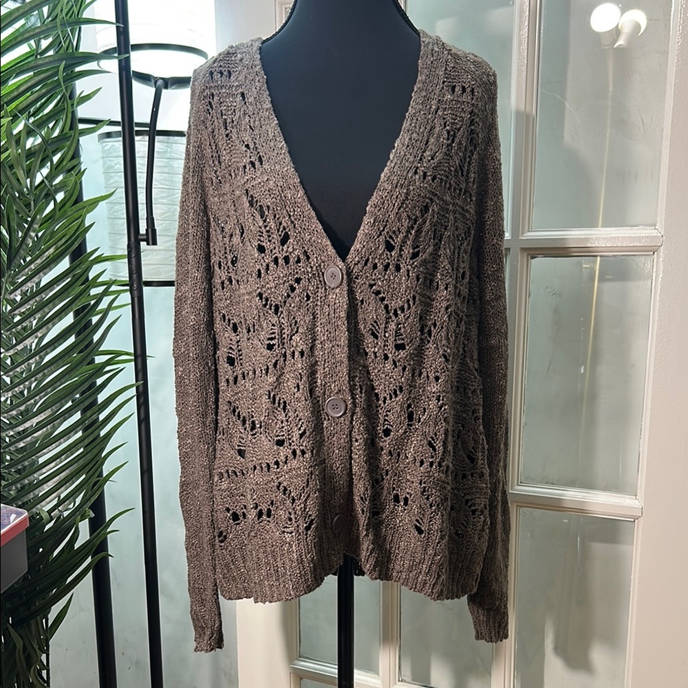 Maurices Brown Cardigan Sweater Open-Knit V-Neck
